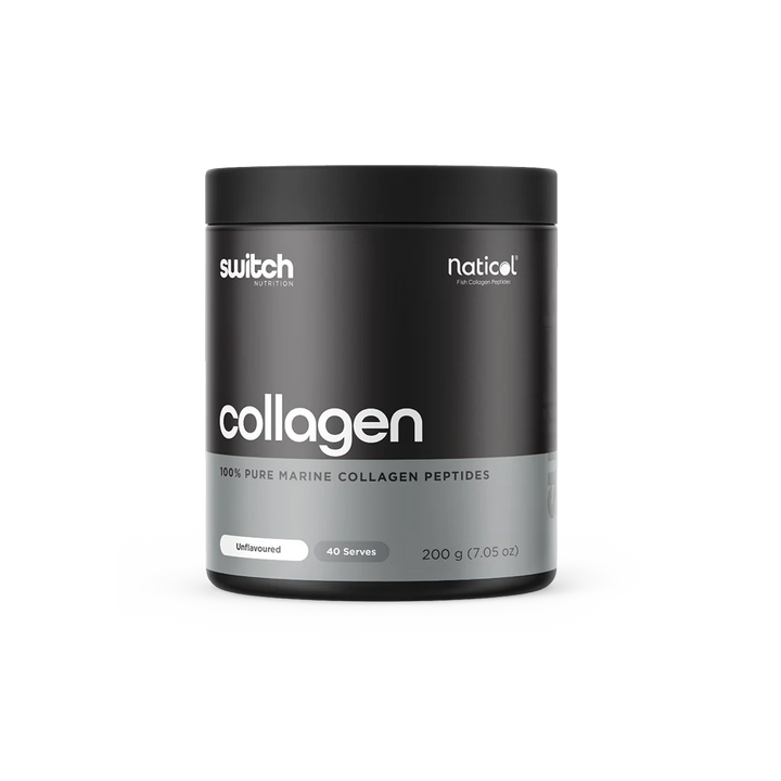 A container of Switch Nutrition Marine Collagen, labeled as 100% Pure Marine Collagen Peptides, 200g size.