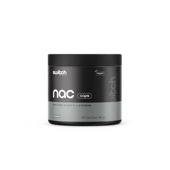 A container of Switch Nutrition NAC [N-Acetyl L-Cysteine] Capsules with 60 veg caps labeled, indicating its use for antioxidant and immune support.