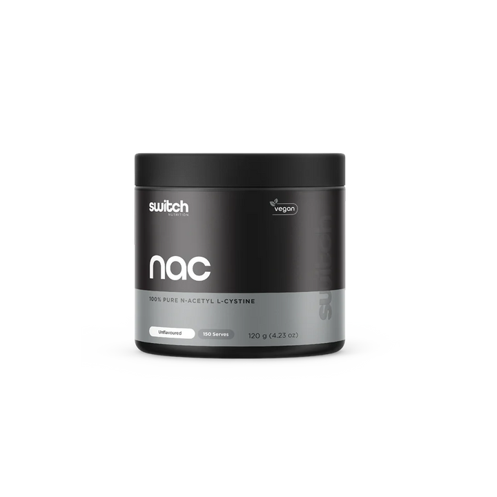 Front view of Switch Nutrition NAC powder tub, black and grey label, 120g unflavoured with 150 serves for antioxidant and immune support
