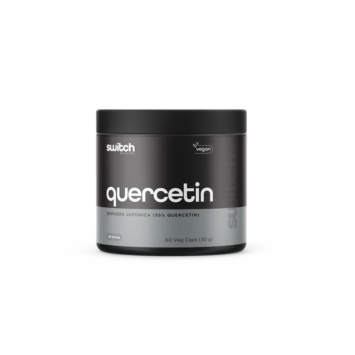 A container of Quercetin by Switch Nutrition, with a black and grey label, indicating it's a vegan product.