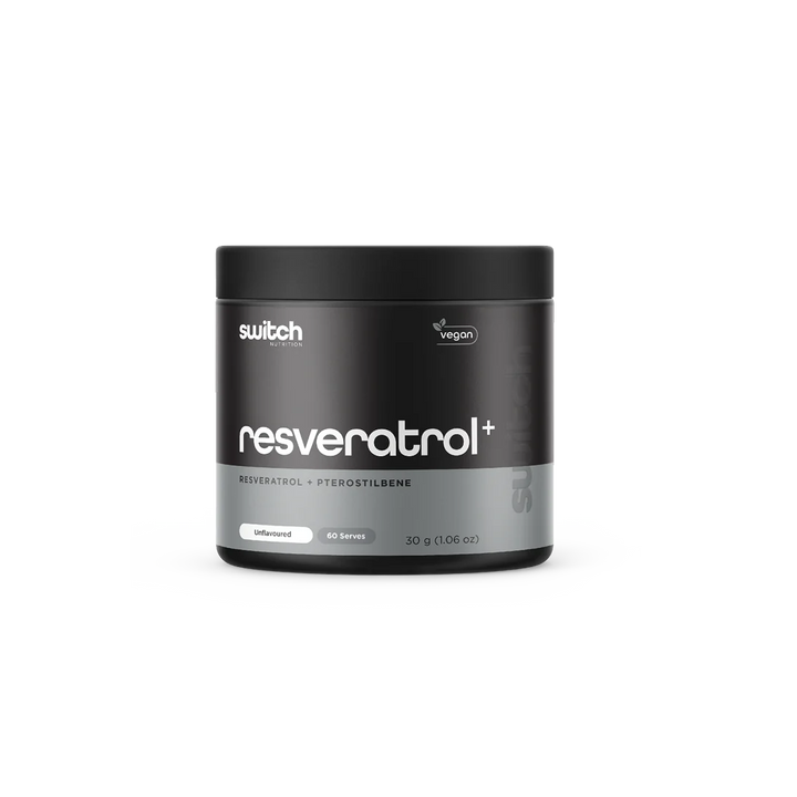A container of Resveratrol+ by Switch Nutrition, a dietary supplement designed to support longevity and cellular health.