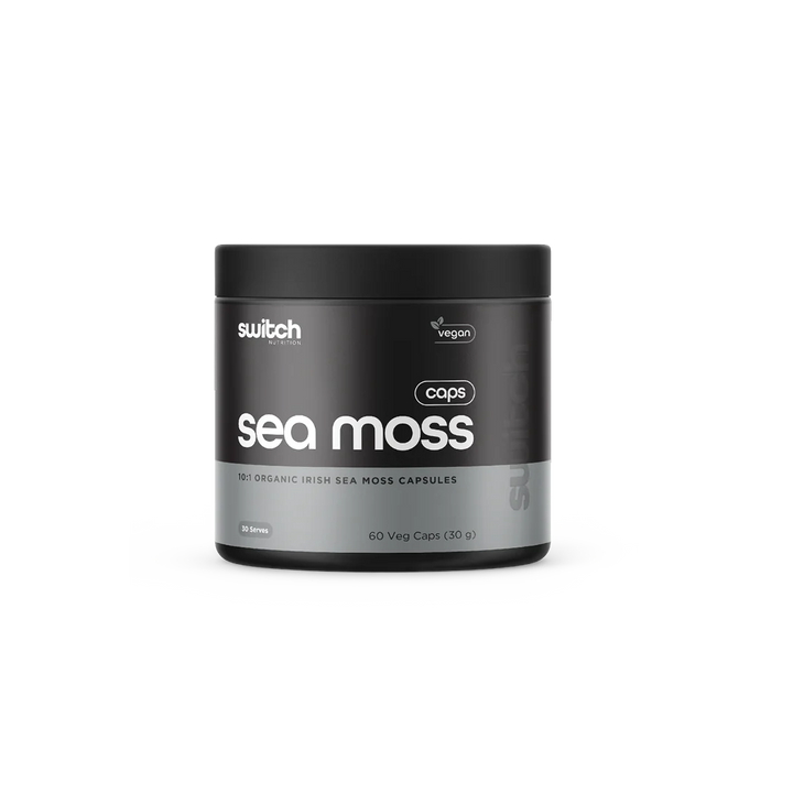 Container of sea moss capsules on a white background