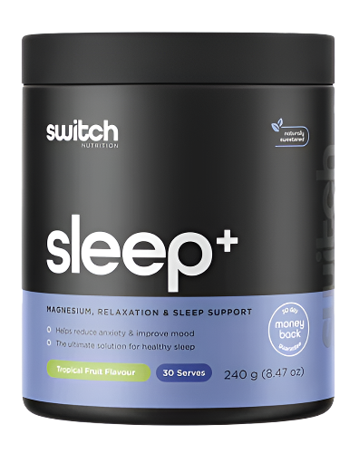 Sleep+ magnesium relaxation and sleep support supplement tub 240g by Switch Nutrition with text indicating tropical fruit flavour