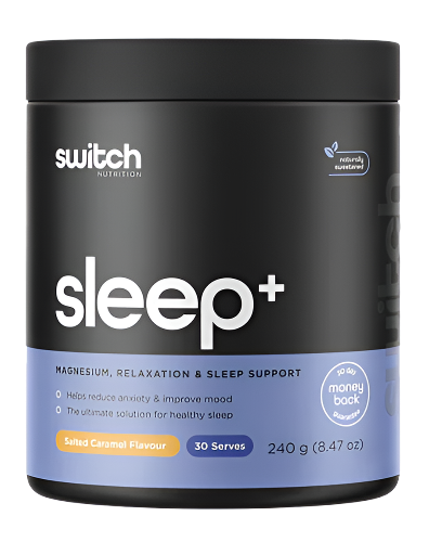 Sleep+ magnesium relaxation and sleep support supplement tub 240g by Switch Nutrition with text indicating salted caramel flavour