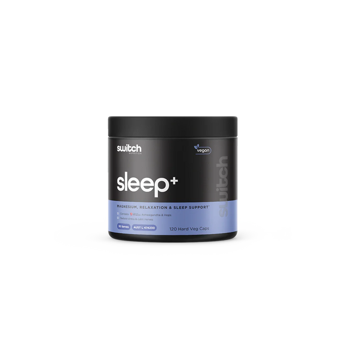 A container of Sleep+ Capsules by Switch Nutrition, designed for supporting deep, restorative sleep.