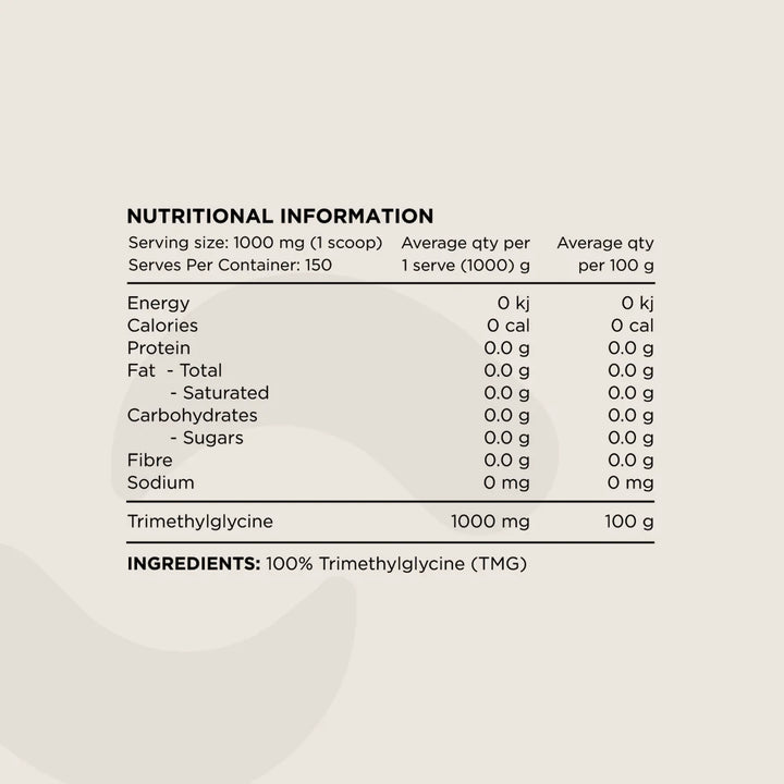 Nutritional information and ingredient details for a product with trimethylglycine.