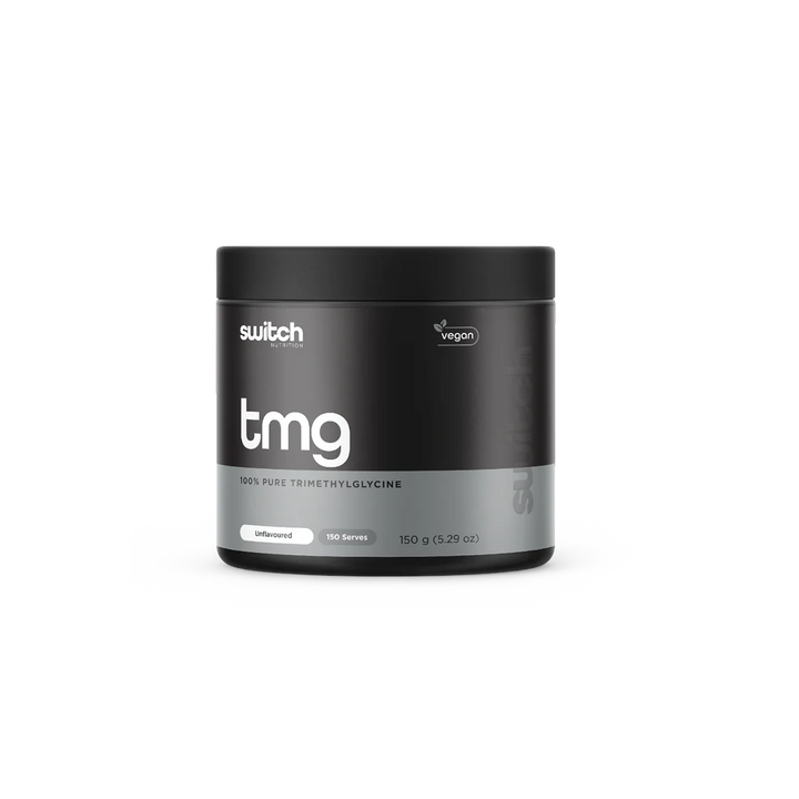 A container of Switch Nutrition Trimethylgycine (TMG) powder, labeled as 100% Pure Trimethylgycine.