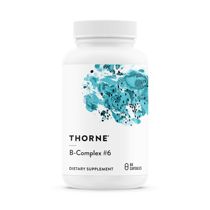Thorne Basic B-Complex #6 bottle with white label and teal abstract design, active B-vitamin dietary supplement