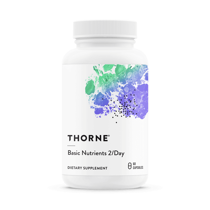 Thorne Basic Nutrients bottle with white label and blue-green abstract design, 60 capsules daily multivitamin