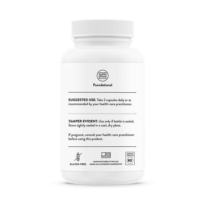 Back label of Thorne Basic Nutrients showing directions, tamper seal, gluten-free and NSF Certified for Sport® icons