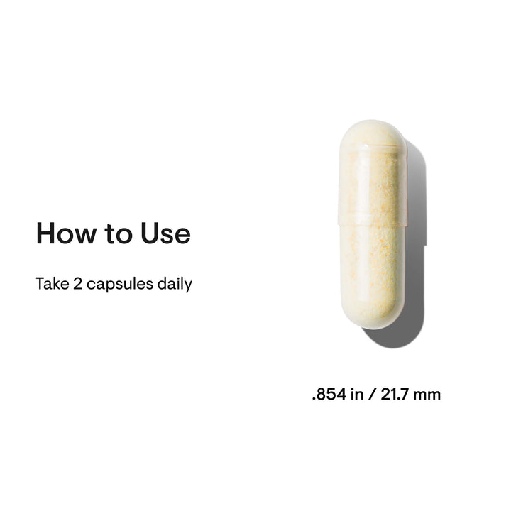 Single Thorne Basic Nutrients capsule beside text showing serving size of 2 capsules daily