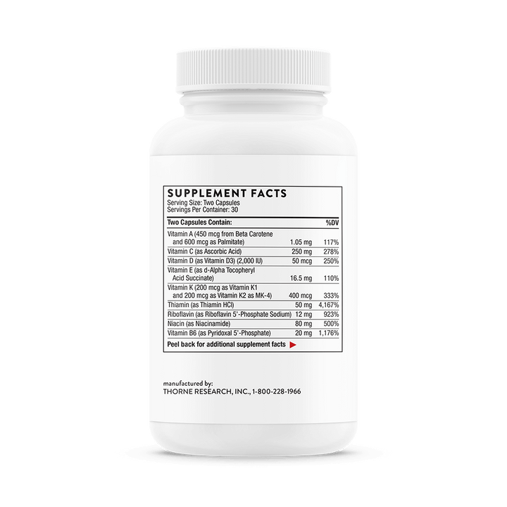 Supplement facts label showing full vitamin and mineral content, including active B complex and chelated minerals