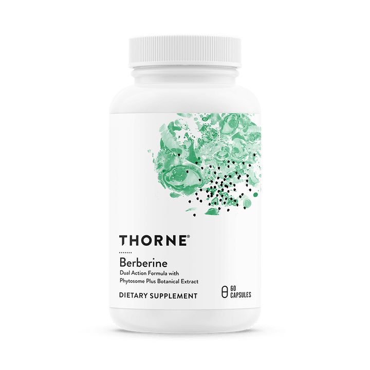 Thorne Berberine bottle with white label and green abstract design, dual-action botanical extract dietary supplement