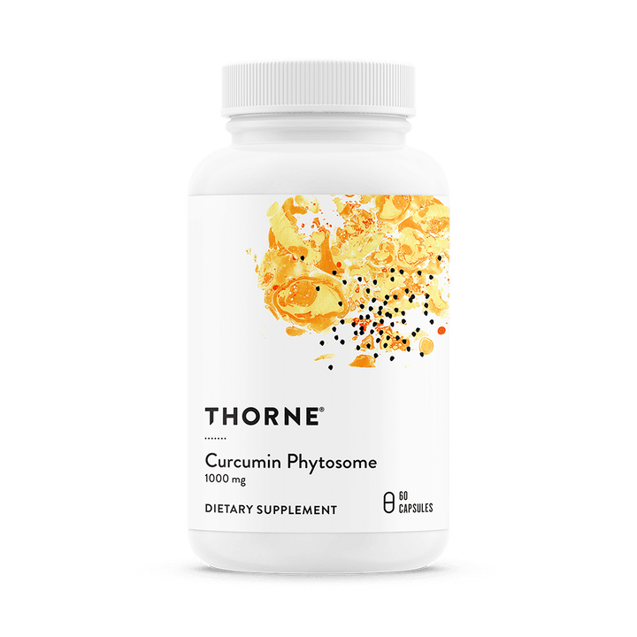 Thorne Curcumin Phytosome 1000mg bottle with white label and golden abstract design, Meriva® curcumin supplement for joint and cellular support