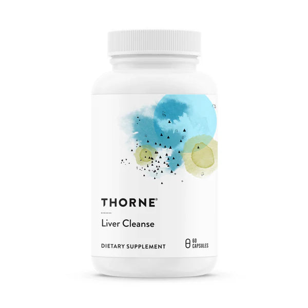 Thorne Liver Cleanse white bottle with blue and green design, herbal supplement supporting liver detox and metabolic health
