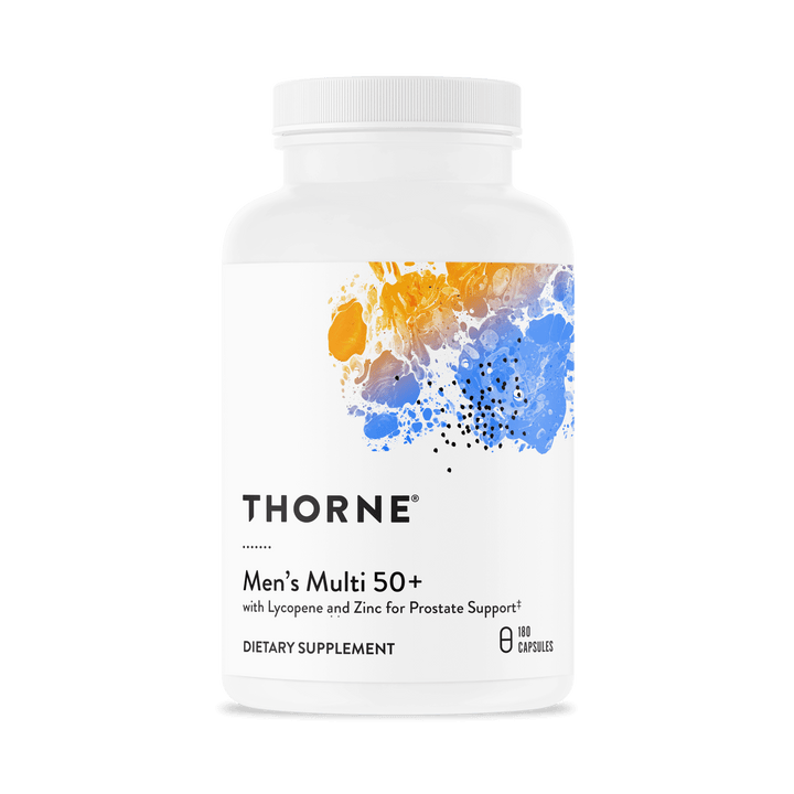 Thorne Men’s Multi 50+ bottle with blue and orange abstract design, 180 capsules daily multivitamin supplement