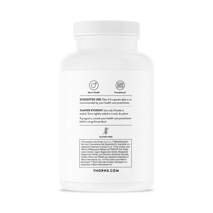 Back label of Thorne Men’s Multi 50+ showing dosage instructions and gluten-free certification