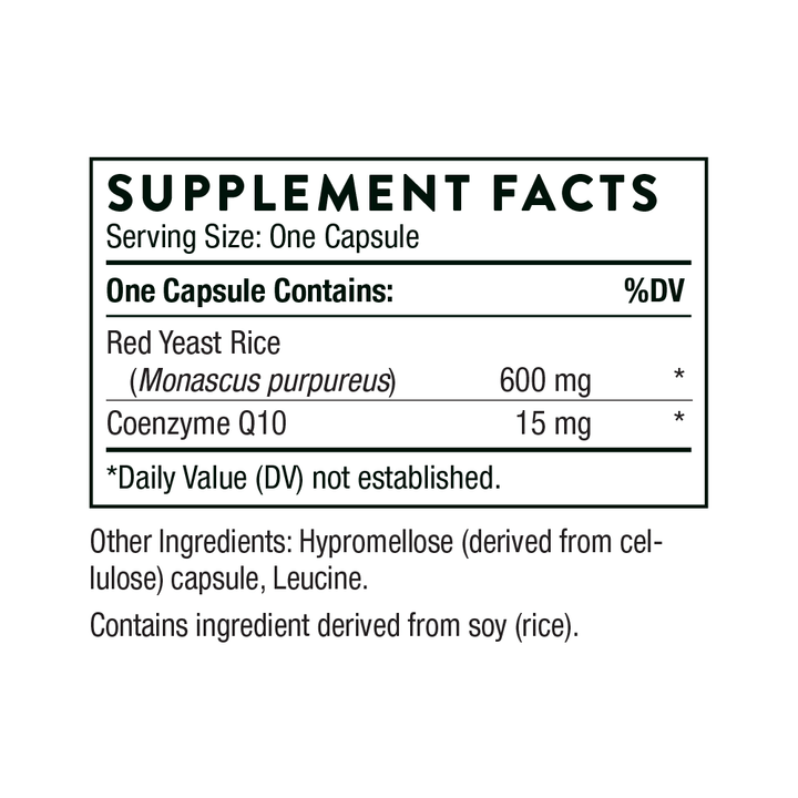 Supplement facts label for a capsule containing Red Yeast Rice and Coenzyme Q10 on a white background.