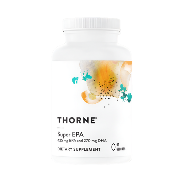 Thorne Super EPA bottle with yellow and teal abstract label design, 90-gelcap omega-3 supplement
