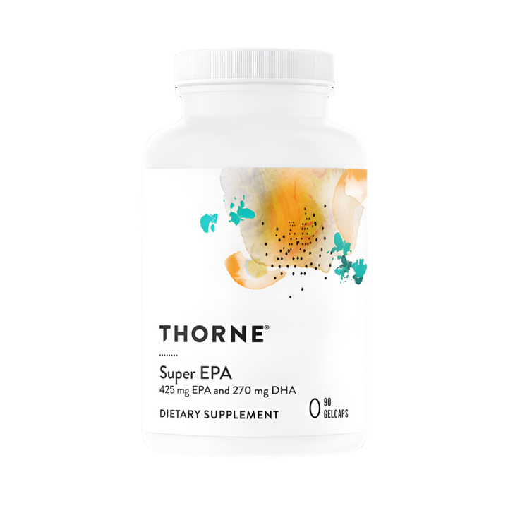 Thorne Super EPA bottle with yellow and teal abstract label design, 90-gelcap omega-3 supplement