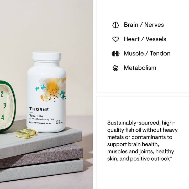 Thorne Super EPA bottle with health icons for brain, heart, muscle, and metabolism support