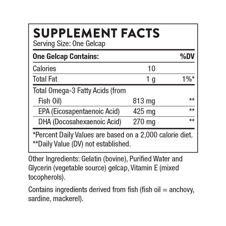 Supplement facts showing 425mg EPA and 270mg DHA per softgel from purified fish oil