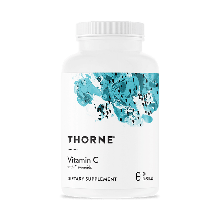 Thorne Vitamin C with Flavonoids bottle with teal abstract design, 90 capsules immune support supplement