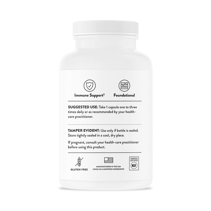 Back label of Thorne Vitamin C with Flavonoids showing usage directions and NSF certification
