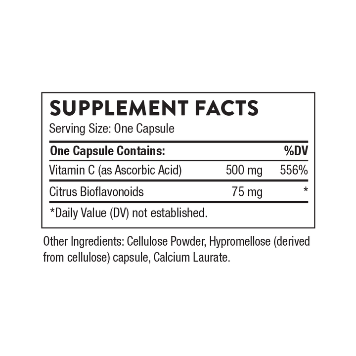 Supplement facts showing 500mg vitamin C and 75mg citrus bioflavonoids per capsule