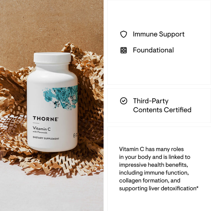 Thorne Vitamin C with Flavonoids bottle on textured paper background showing 90-capsule packaging with description text