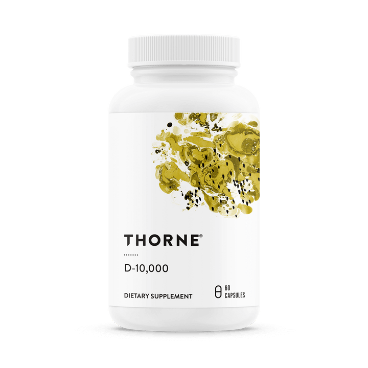Thorne Vitamin D-10,000 bottle with gold abstract design, 60 capsules high-potency D3 supplement