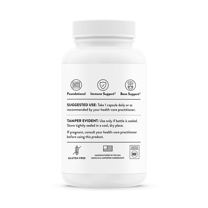 Back label of Thorne Vitamin D-10,000 showing usage, certification icons, and tamper warning