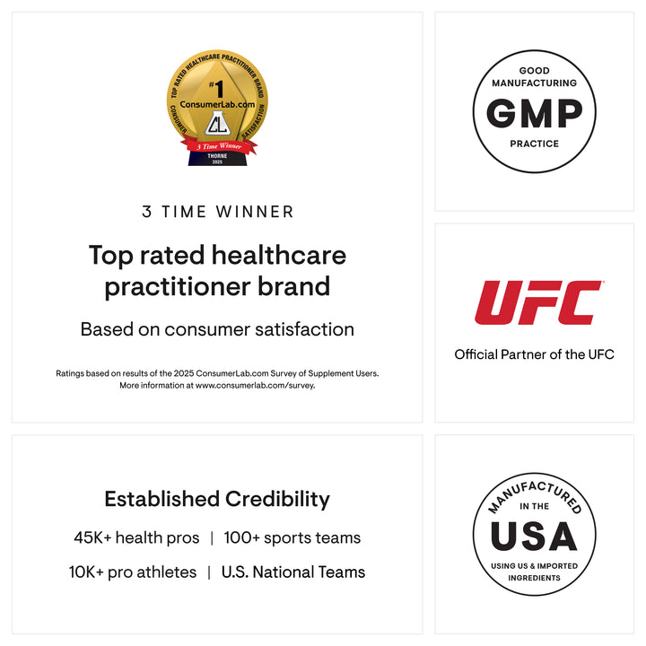 Thorne awards, GMP certification, USA manufacturing, and UFC partnership credibility image