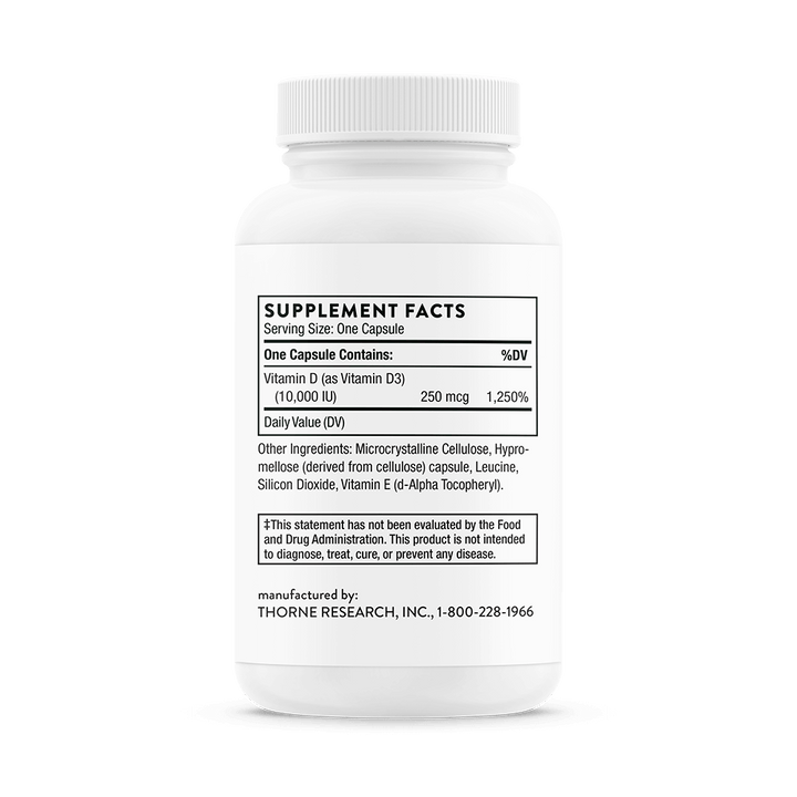 Detailed supplement panel listing vitamin D3 250µg per capsule with excipient information
