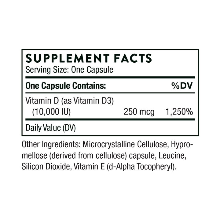 Supplement facts showing 250µg vitamin D3 per capsule with ingredient list and daily value