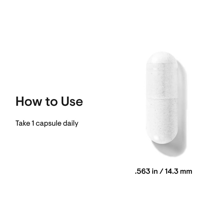 Single Thorne vitamin D capsule beside text showing serving size of 1 capsule daily