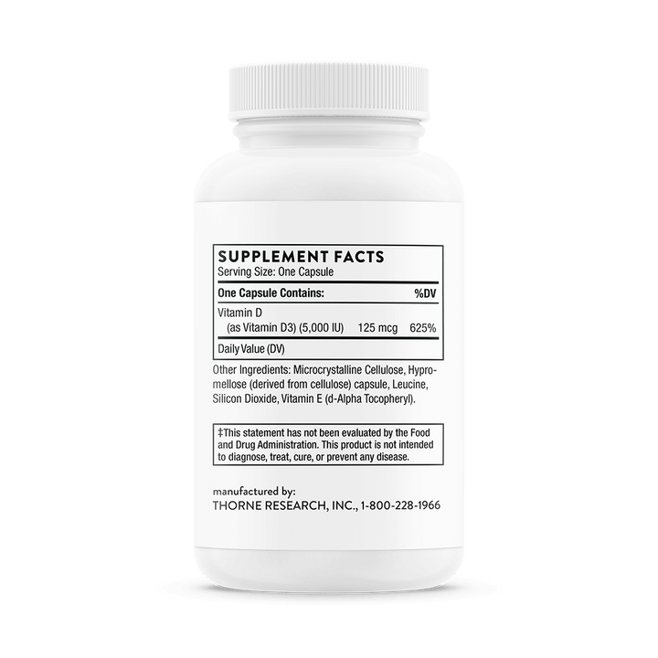 Back label of Thorne Vitamin D-5000 showing usage directions, NSF certification, and tamper evident details