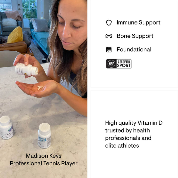 Professional tennis player pouring Thorne Vitamin D capsules highlighting NSF Certified for Sport trust