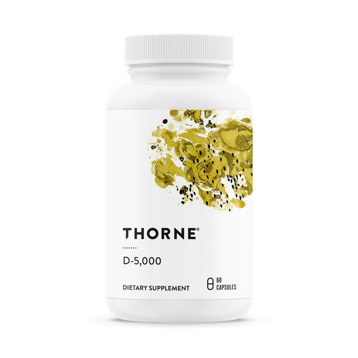 Thorne Vitamin D-5000 bottle with gold abstract design containing 60 capsules high-potency vitamin D3 supplement