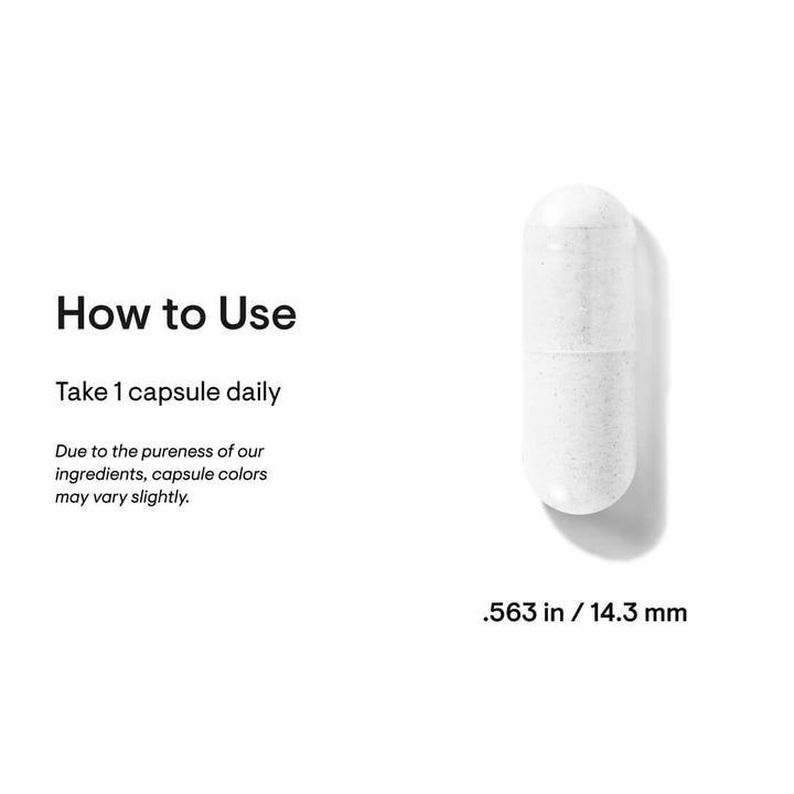 Single Thorne Vitamin D-5000 capsule beside text showing serving size of 1 capsule daily
