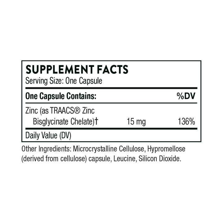 Supplement facts label for a zinc supplement capsule on a white background