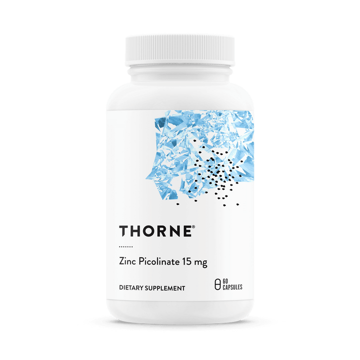 Thorne Zinc Picolinate 60-capsule bottle with light blue abstract label design and dietary supplement text