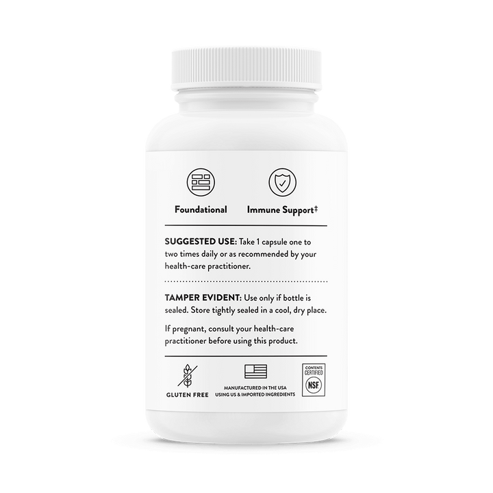 Back label of Thorne Zinc Picolinate showing dosage, tamper seal, gluten-free and NSF certification
