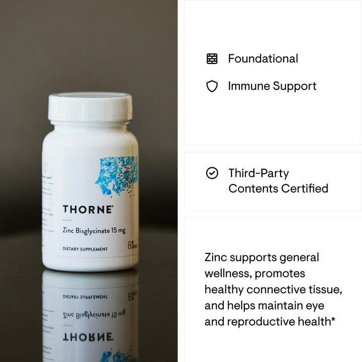 Thorne Zinc Picolinate bottle on reflective surface with immune support and third-party certification callouts