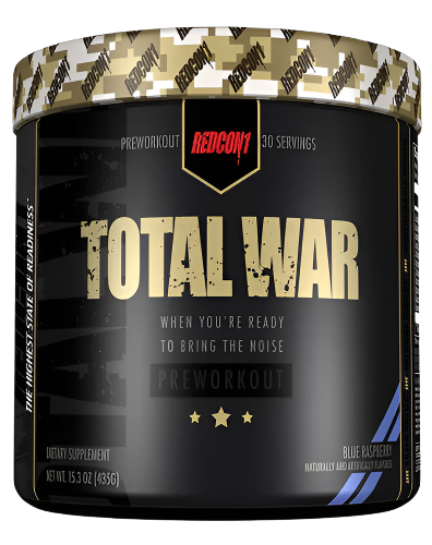 A container of 'Total War' pre-workout supplement by RedCon1 with a black, gold, and white design, indicating it contains 30 servings of a pre-workout formula.