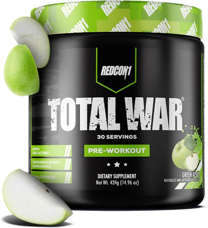 Black container of Redcon1 Total War pre-workout supplement with green apple flavor, surrounded by green apples.