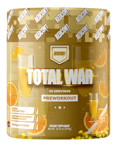 A container of 'Total War' pre-workout supplement by RedCon1 with a black, gold, and white design, indicating it contains 30 servings of a pre-workout formula.