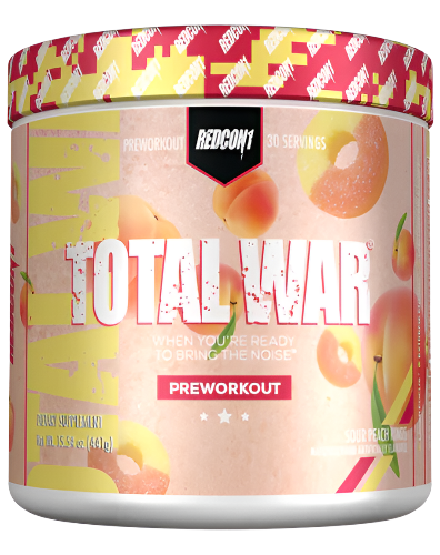 A container of 'Total War' pre-workout supplement by RedCon1 with a black, gold, and white design, indicating it contains 30 servings of a pre-workout formula.