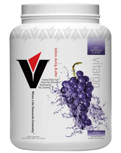 Vitargo carbohydrate powder tub with grape splash graphic on white label showing rapid fuel formula