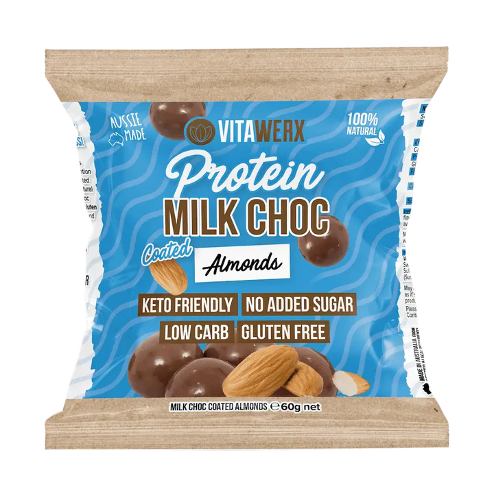 Vitawerx Protein Milk Choc Coated Almonds high protein keto friendly low sugar snack 60g